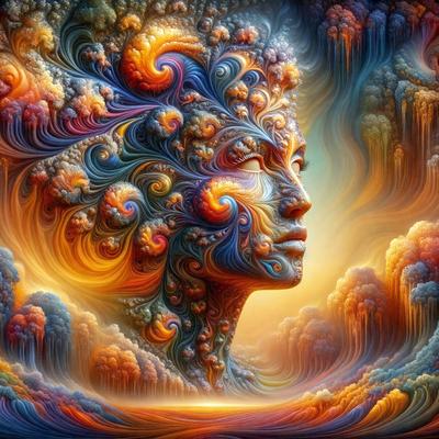 The primary subject of the image is a woman's face, which is the main focus of the image. The setting is a colorful and artistic environment, with a backdrop of clouds and a vibrant, colorful sky. The visual style is a combination of digital art and illustration, creating a unique and eye-catching image. The colors and mood of the image are lively and energetic, with a sense of creativity and imagination.